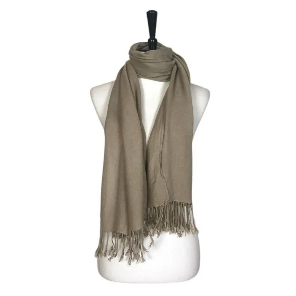Women’s Bundle 3 Oblong Scarfs Solid Neutral Color Fringe Tan Orange Brown Tan